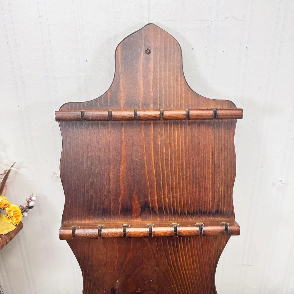 Vintage Wood Spoon Rack - 12 Spoon Display with Pocket‎ Shelf